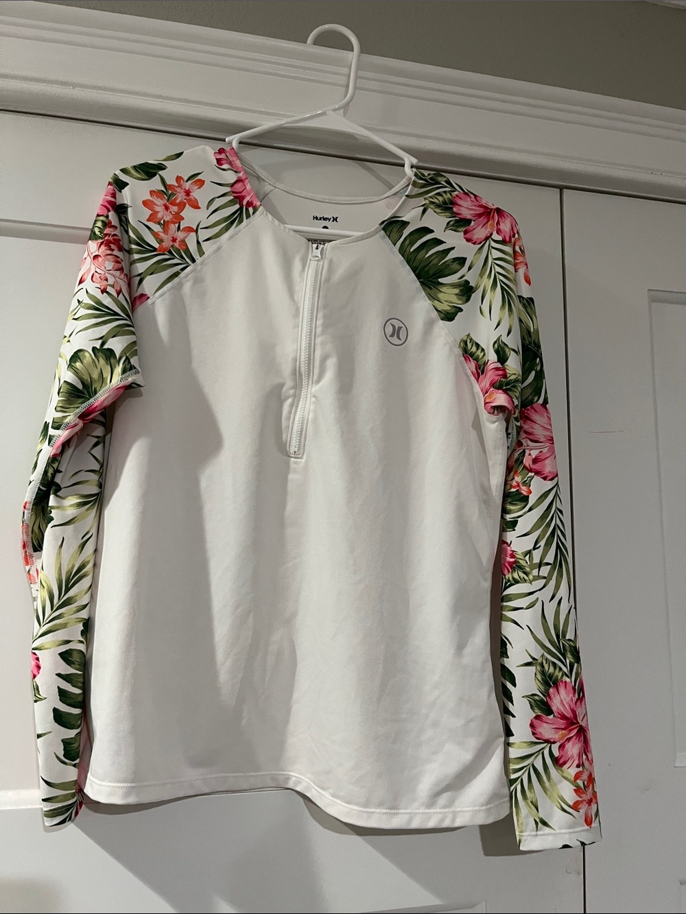 Hurley White Rash Guard with Pink Floral & Green Leaf Sleeves